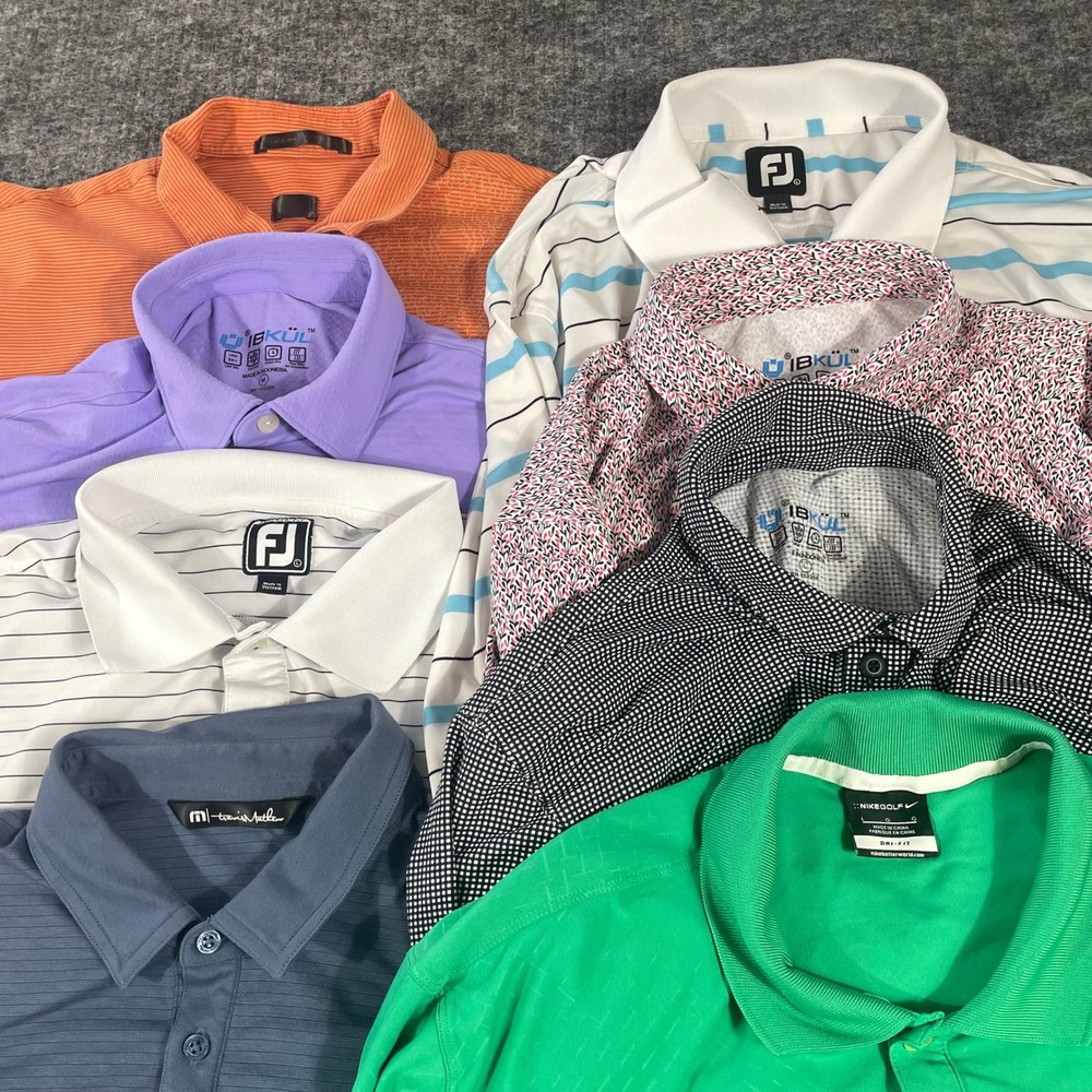 Lot of 8 Golf Polos Mens L Ibkul Footjoy Travis Mathew Nike Tiger Woods Shirts